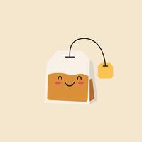 Cute smiling tea bag with string and label illustration in warm beige background graphic vector