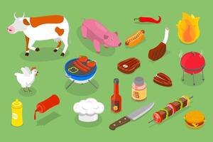 3D Isometric Flat Set of Barbecue Objects, Grill or Picnic Attributes vector