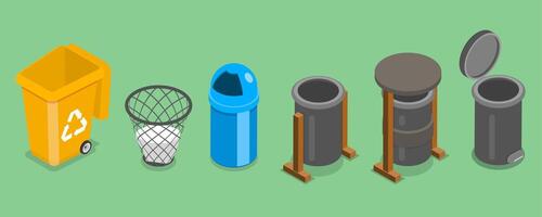 3D Isometric Flat Set of Trash Bins, Garbage Containers vector