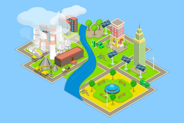 3D Isometric Flat Illustration of Sustainability Vs Pollution, Climate Change Awareness