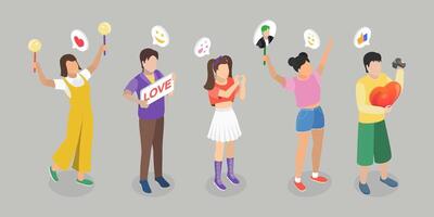 3D Isometric Flat Illustration of K Pop Music Fans, Supporters displaying placards at event. vector
