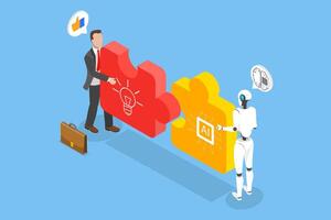 3D Isometric Flat Illustration of Human and AI Working Together, Artificial Intelligence Collaboration vector