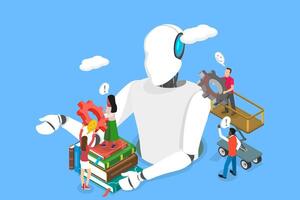 3D Isometric Flat Illustration of Robotic Process Automatization, Digital Chat Bot, Conversation Assistant vector