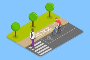 3D Isometric Flat Illustration of Yield to a Pedestrian , Rules for Safely Riding a Bicycle and Following Traffic Regulations vector