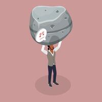 3D Isometric Flat Illustration of Overwhelmed With Job, Businessman Struggles with Heavy Stone Due to Excessive Workload vector