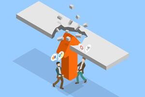 3D Isometric Flat Illustration of Struggle With Career Obstacle, Overcoming Business Difficulty vector