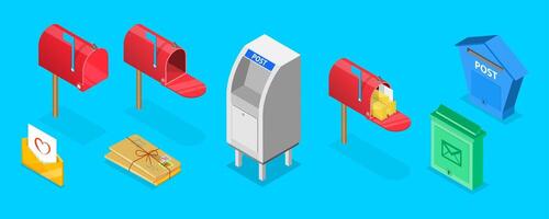3D Isometric Flat Set of Mailboxes, Post Elements vector