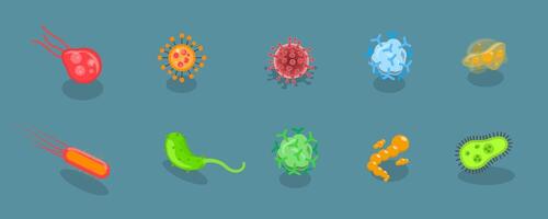 3D Isometric Flat Set of Viruses And Microbes, Bacterial Infection Microorganisms vector