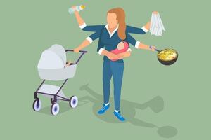 3D Isometric Flat Illustration of Multitasking Mother, Busy Mom with a Bunch of Tasks vector