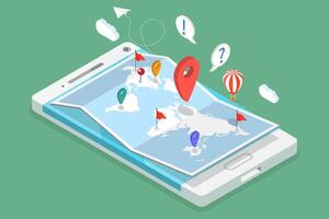 3D Isometric Flat Illustration of GPS and Navigation, Mobile Map Apps vector