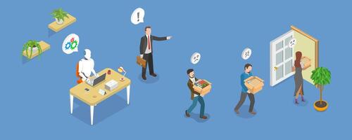 3D Isometric Flat Illustration of Robotic Process Automation Impact on Employment, Dismissal From Workplace vector