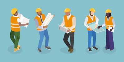 3D Isometric Flat Illustration of Workers Construction Engineers, Construction Architects in Helmets with Tools and Blueprints. vector