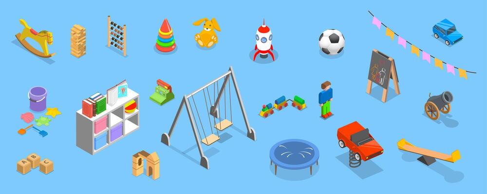 3D Isometric Flat Set of Kindergarten, Classroom of Nursery School