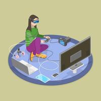 3D Isometric Flat Illustration of Gadget Addiction, Lounging on Couch Tangled in Wires While Using Laptop vector