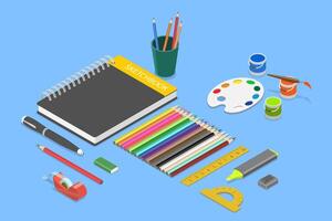 3D Isometric Flat Set of Various Sketching Tools, Art Supplies vector