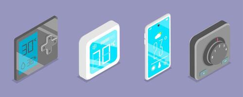 3D Isometric Flat Set of Smart Home Heating And Cooling, Thermostat Collection vector