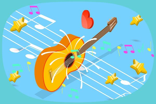 3D Isometric Flat Illustration of Guitar Music, Entertainment Party Poster Design