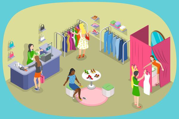 3D Isometric Flat Illustration of Clothing Store, Showroom Interior