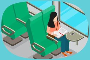 3D Isometric Flat Illustration of Reading in a Train, Relaxation While Commuting vector