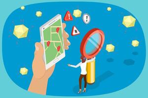 3D Isometric Flat Illustration of Virus Tracking Application, Disease Spread Prevention vector