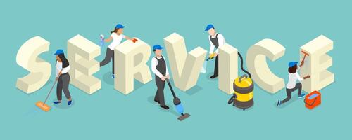 3D Isometric Flat Illustration of Cleaning Service, Experienced Team Equipped with Tools vector