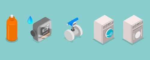 3D Isometric Flat Set of Rainwater Harvesting Items Part 2, Household Reuse System vector