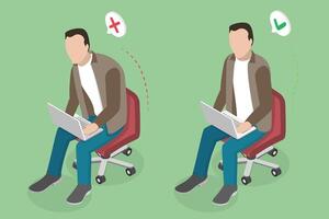 3D Isometric Flat Illustration of Ergonomic Position While Using a Device, Correct and Incorrect Posture vector