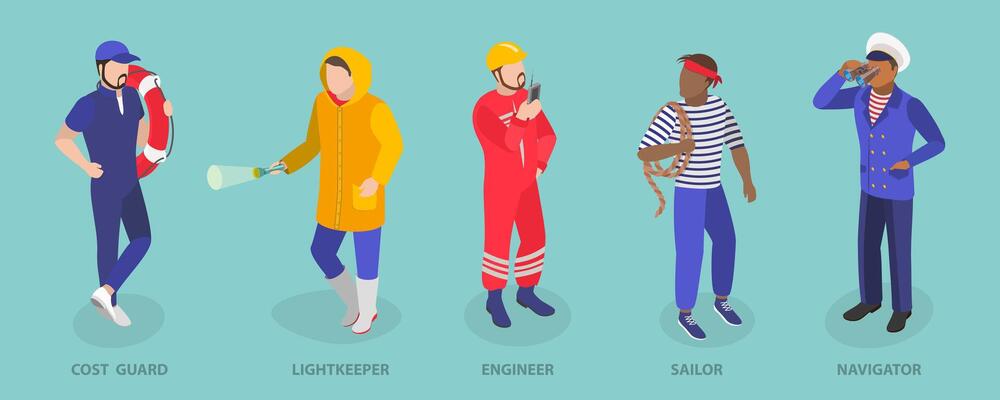 3D Isometric Flat Set of Maritime Professions, Seacrew Characters