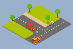 3D Isometric Flat Illustration of Giving a Way to an Oncoming Cyclist, Traffic Regulation Rules And Tips vector
