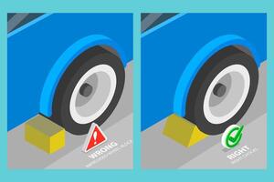 3D Isometric Flat Illustration of Proper Chocking Placment, Driving Rules And Tips vector