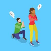 3D Isometric Flat Illustration of Relationship Problems, A Man Beging a Girl about a Second Chance vector