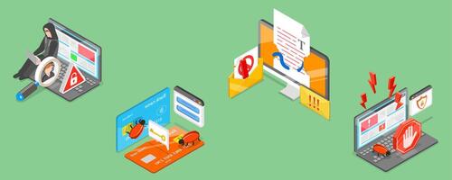 3D Isometric Flat Illustration of Computer Crime, Cyber Security Breach vector