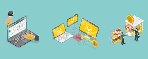 3D Isometric Flat Illustration of Cryptocurrency Exchange Platform, Digital Wallet Technology vector