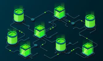 Isometric concept of big data processing. Server energy station of future. Network mainframe infrastructure. Isometric high technology concept. vector
