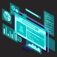 Computer monitor with blue virtual holographic projections with graphs and charts for data analysis. Analytics data on monitor. Web development concept. Isometric technology vector