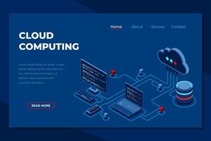 Cloud computing isometric landing page. Cloud storage server. Cloud computing online database. Isometric technology vector