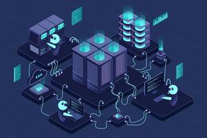 Isometric data center or server room. Data center connection network. Cloud storage. Isometric high technology concept. Isometric technology. vector