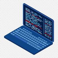 Isometric laptop. Isometric laptop computer. Abstract programming language and program code on a laptop screen. Isometric technology vector