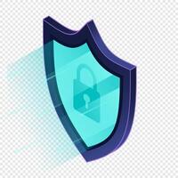 Secure vpn. VPN protection with a shield. Shield lock in futuristic purple style. Cyber security. Isometric technology vector