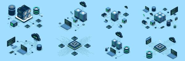 Set of isometric modern technology concept for cloud computing, datacenter, database, artificial intelligence, and blockchain technology. Isometric. vector