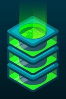 Isometric database. Isometric futuristic server. Big data isometric. Cloud computing and file cloud storage. Isometric technology. vector