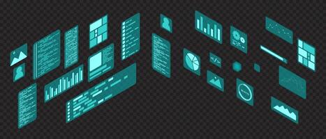 Isometric user interface elements. Infographic charts. Data visualization. Futuristic interface hologram elements. Isometric technology vector