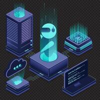 Artificial intelligence robot. System analysis. Big data processing. Machine learning technology. Isometric technology vector