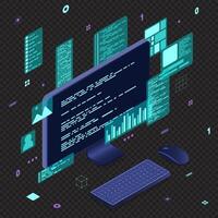 Computer technology isometric illustration. Desktop computer platforms. Software programming coding concept. Code with computer monitor. Isometric vector