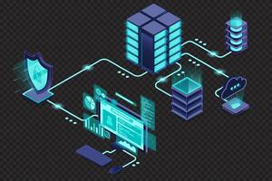 VPN protection with a shield. Virtual private network security technology concept. Cyber security. Isometric technology vector