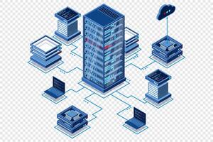 Computation of big data center. Cloud computing. Online devices upload and download information. Isometric technology vector