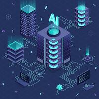 Isometric artificial intelligence technology. Isometric cloud computing concept. Artificial intelligence neural network future technology. Server computer. Isometric technology. vector