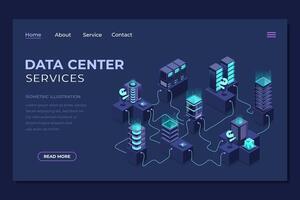 Isometric data center landing page. Networking, database, cloud storage. Digital technology website landing page. Isometric technology. vector