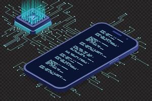 Isometric smartphone with AI. Artificial intelligence and smartphone concept. Smartphone with futuristic artificial intelligence processor. Isometric vector
