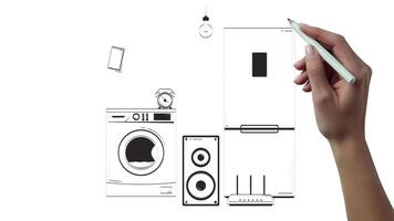 conectado vía Wifi inteligente hogar accesorios mano dibujado pizarron bosquejo animación. iot refrigerador, Lavado máquina, alarma reloj, vocero, bombilla animado dibujado a mano concepto lápiz dibujo 4k video